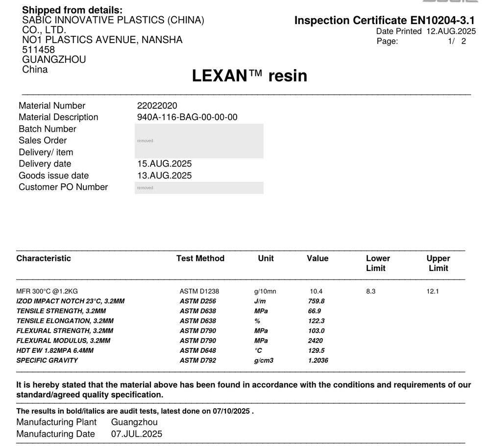 Resin maker's inspection certificate for a polycarbonate lot, listing ASTM test results, with order details removed